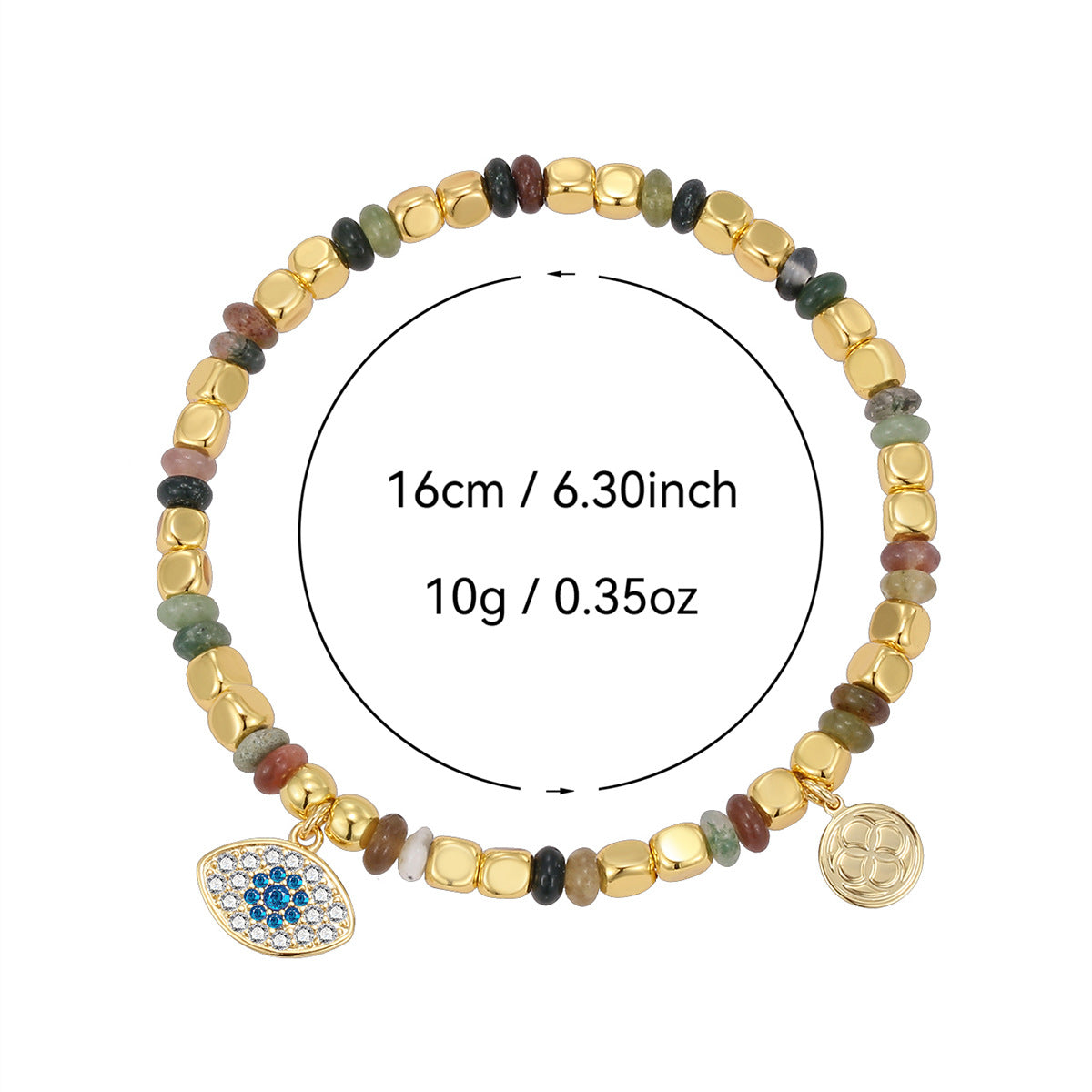 Indian agate evil eye bracelet with listed 16 cm size and 10 g weight