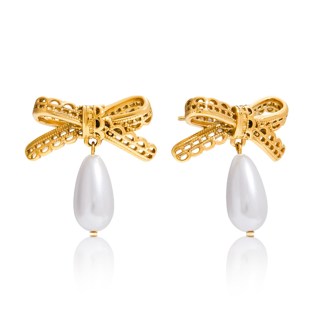 Gold-Tone Imitation Pearl Bow Drop Earrings — alternate angle
