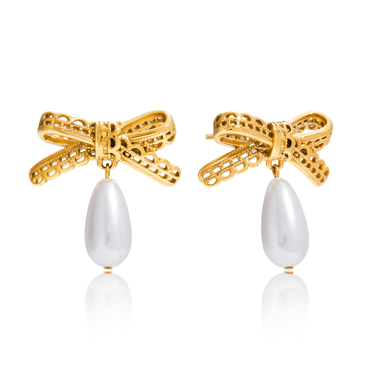 Gold-Tone Imitation Pearl Bow Drop Earrings — alternate angle