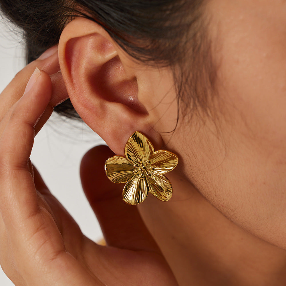 Gold Plated Stainless Steel Floral Stud Earring Collection – styled view