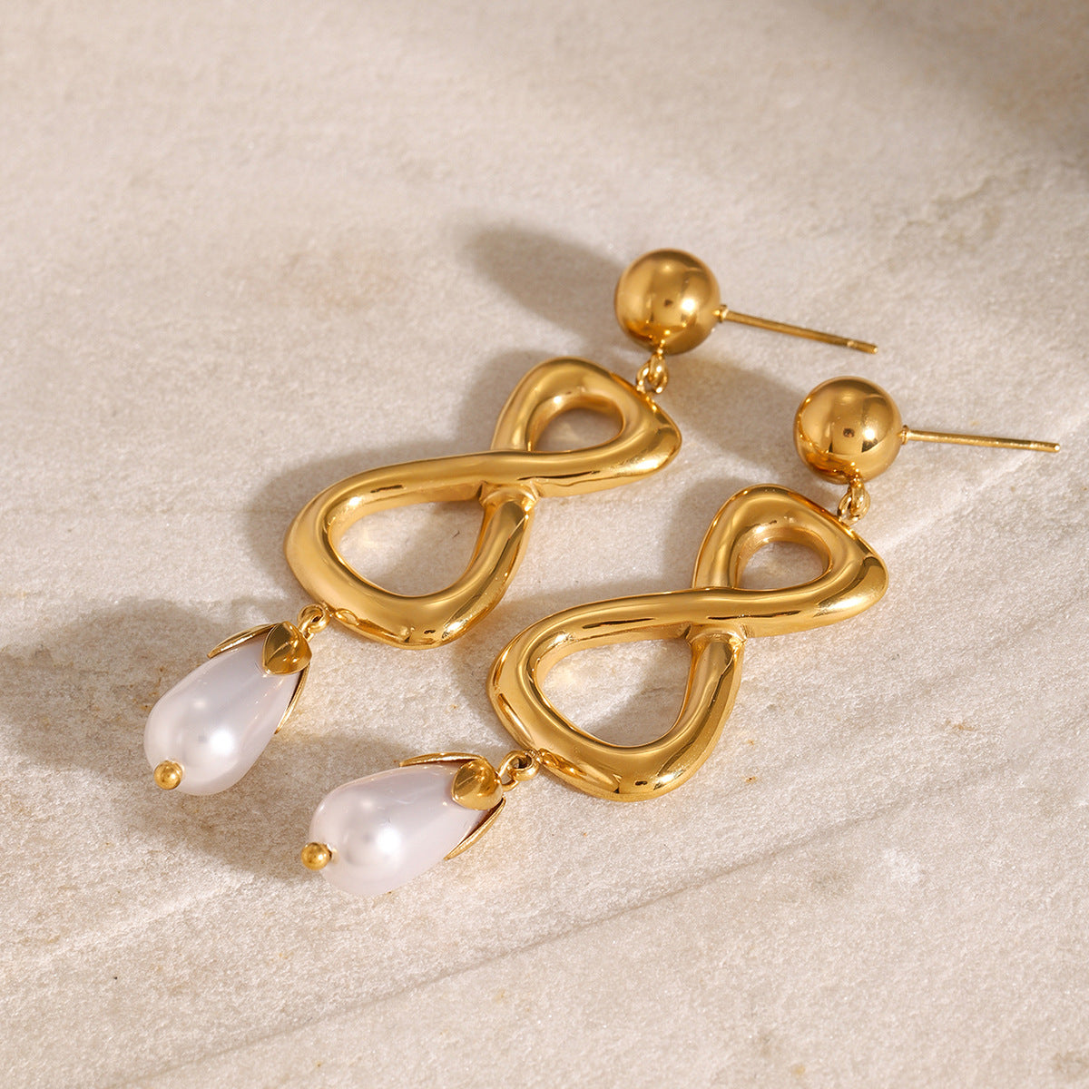 Gold-Tone Pearl-Look Infinity Stainless Steel Drop Earrings styled product view