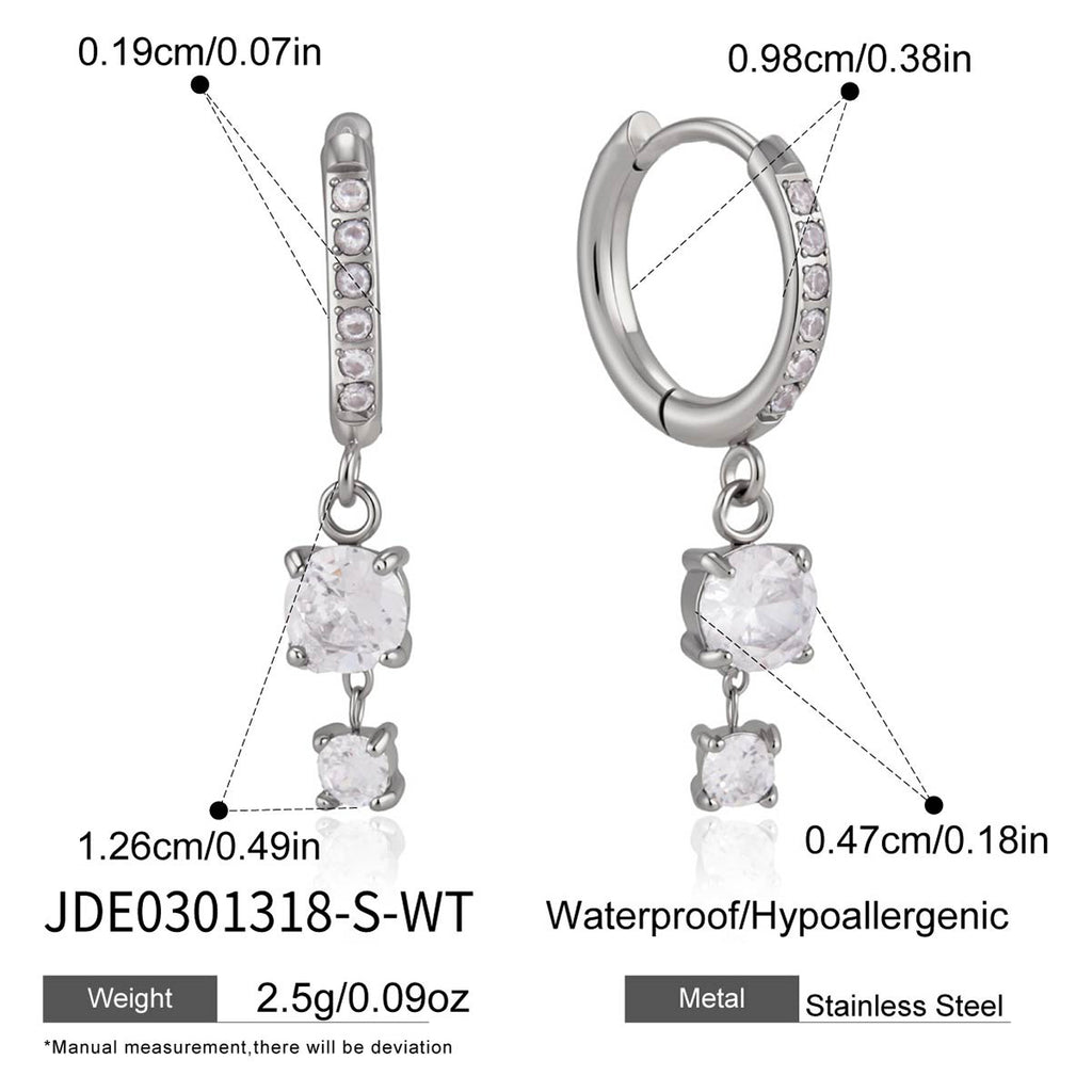 Silver tone huggie with two clear stones and drop measurements