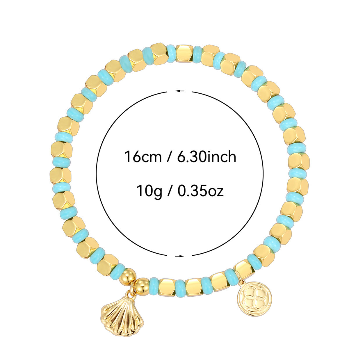 shell charm cube bead bracelet with listed 16 cm size and 10 g weight