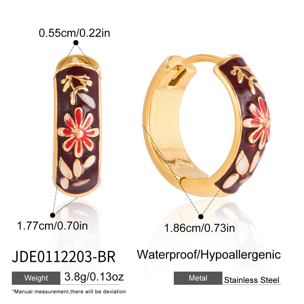 Brown floral stainless steel hoop front and side dimensions