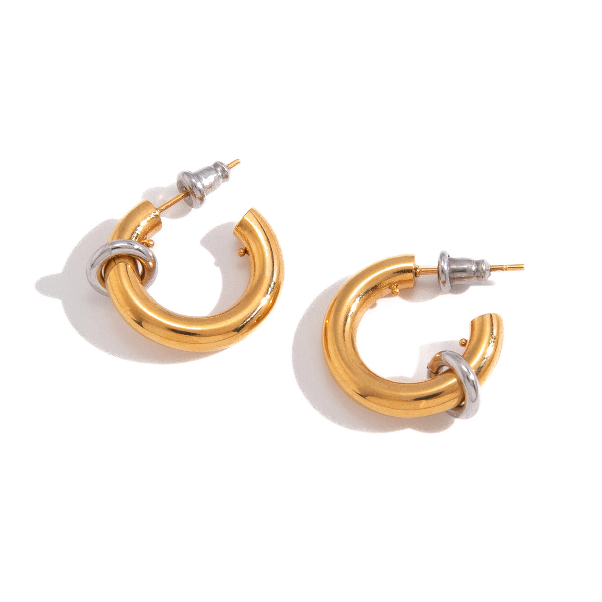 pair of two-tone stainless steel ring-accent C-hoop earrings
