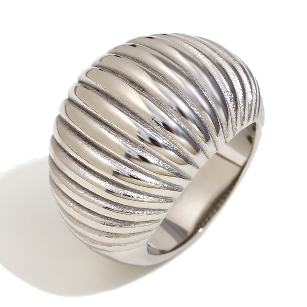 isolated silver-finish 316L stainless steel ribbed statement ring
