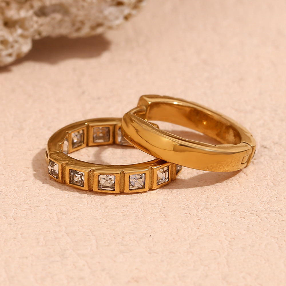 Gold Plated 316L Stainless Steel Square Zirconia Hoop Earrings — rear and inner stone setting detail
