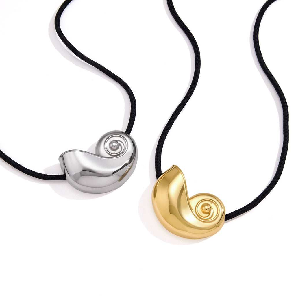 Two spiral shell cord necklace options on white