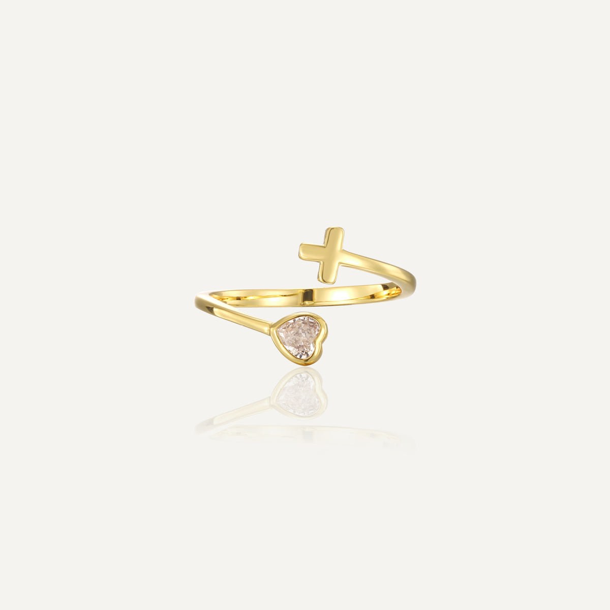 Gold plated brass cross and heart zirconia open ring