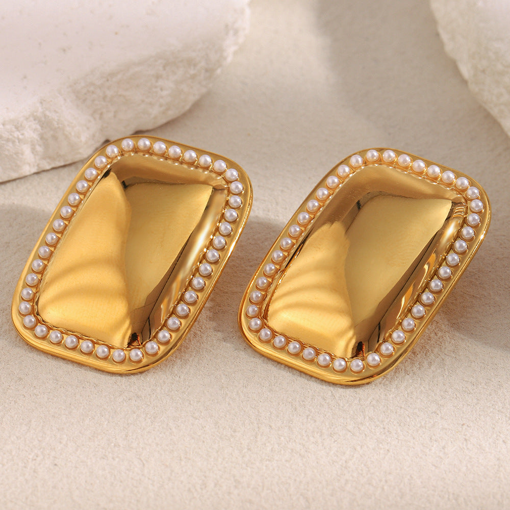 gold plated rectangular dome stud earrings with fine pearl trim
