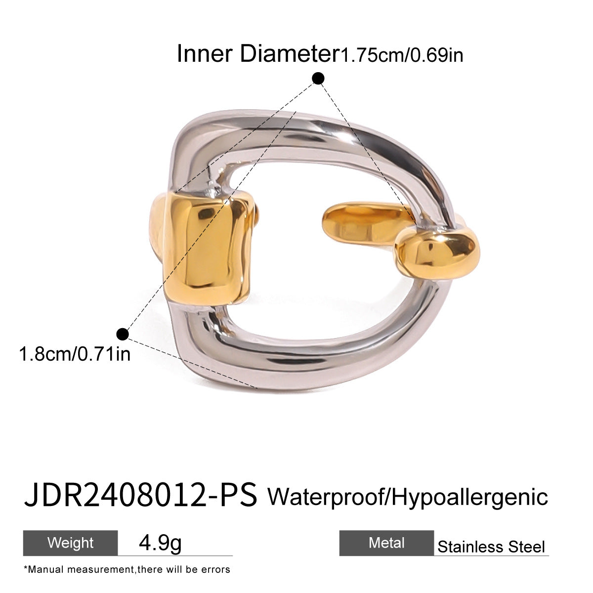 Open ring with rounded-square face and measurement labels