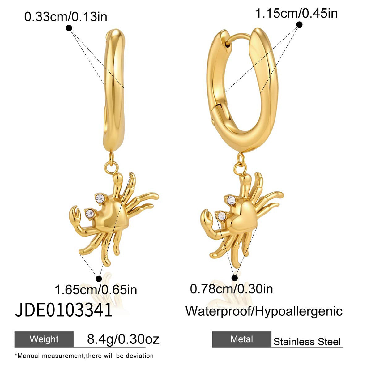 Polished crab charms hanging from hoop earrings