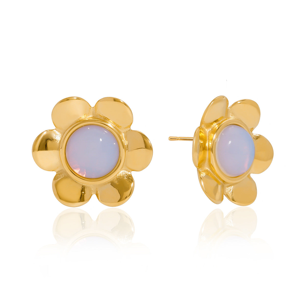 Gold Plated Opal Floral Stainless Steel Stud Earrings – front view
