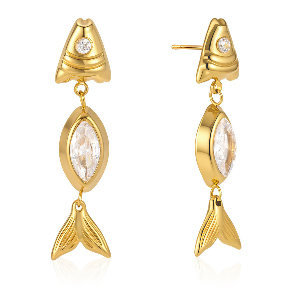 Segmented fish earrings with clear marquise bodies
