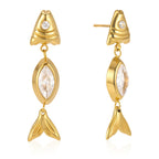 Segmented fish earrings with clear marquise bodies
