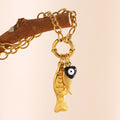 gold plated fish charm cluster on a front spring-ring clasp
