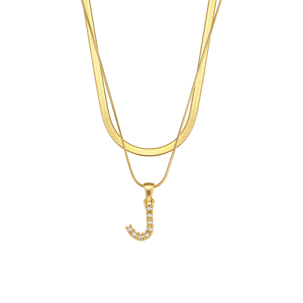 Imitation pearl letter J pendant on layered stainless steel chains