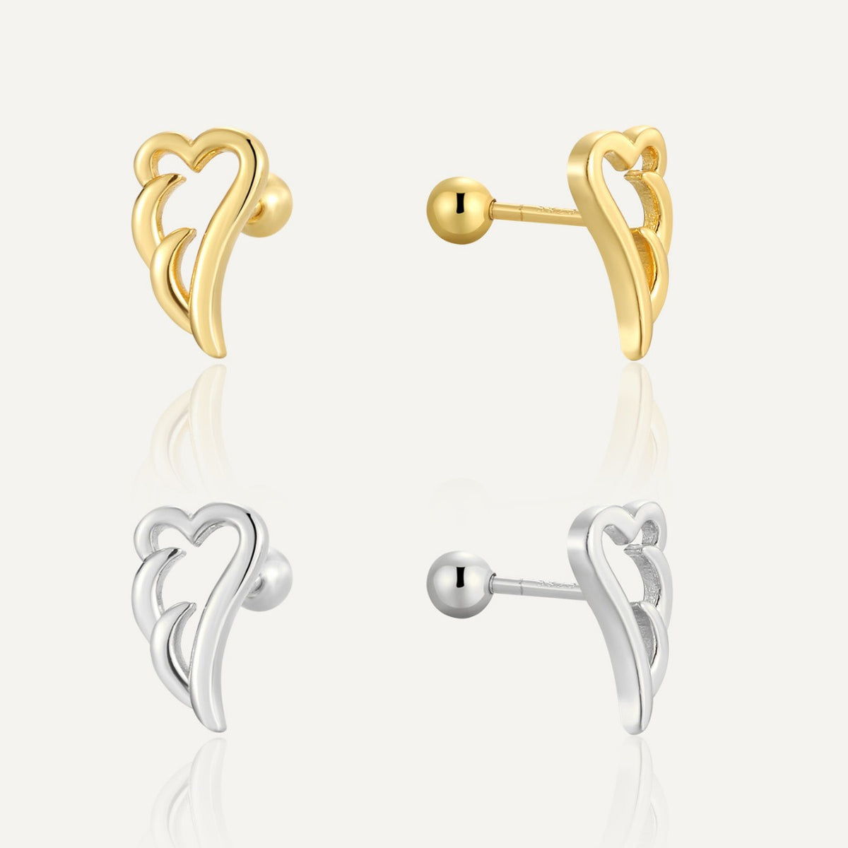gold and silver 925 sterling silver angel wing ball-back earrings