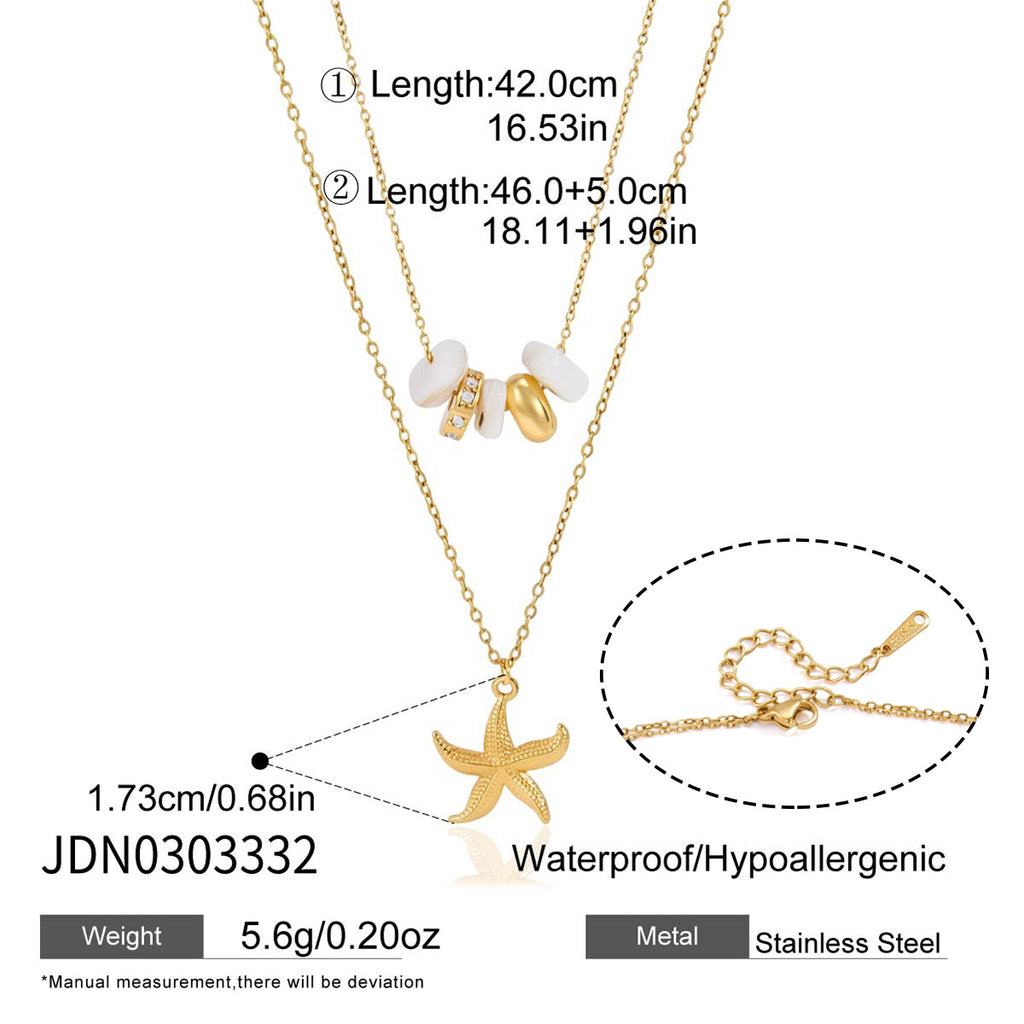 Starfish pendant necklace with bead layer and length diagram