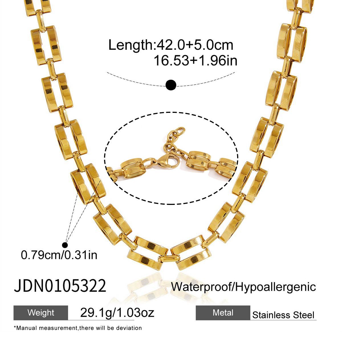 Twin-bar link necklace length and width reference