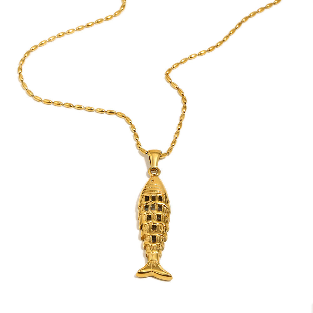 isolated front view of the openwork stainless steel fish necklace