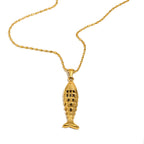 isolated front view of the openwork stainless steel fish necklace