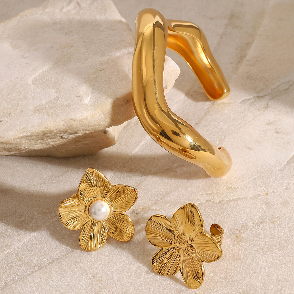 Sculptural Stainless Steel Cuff Bracelet and Flower Rings — gold flower ring option