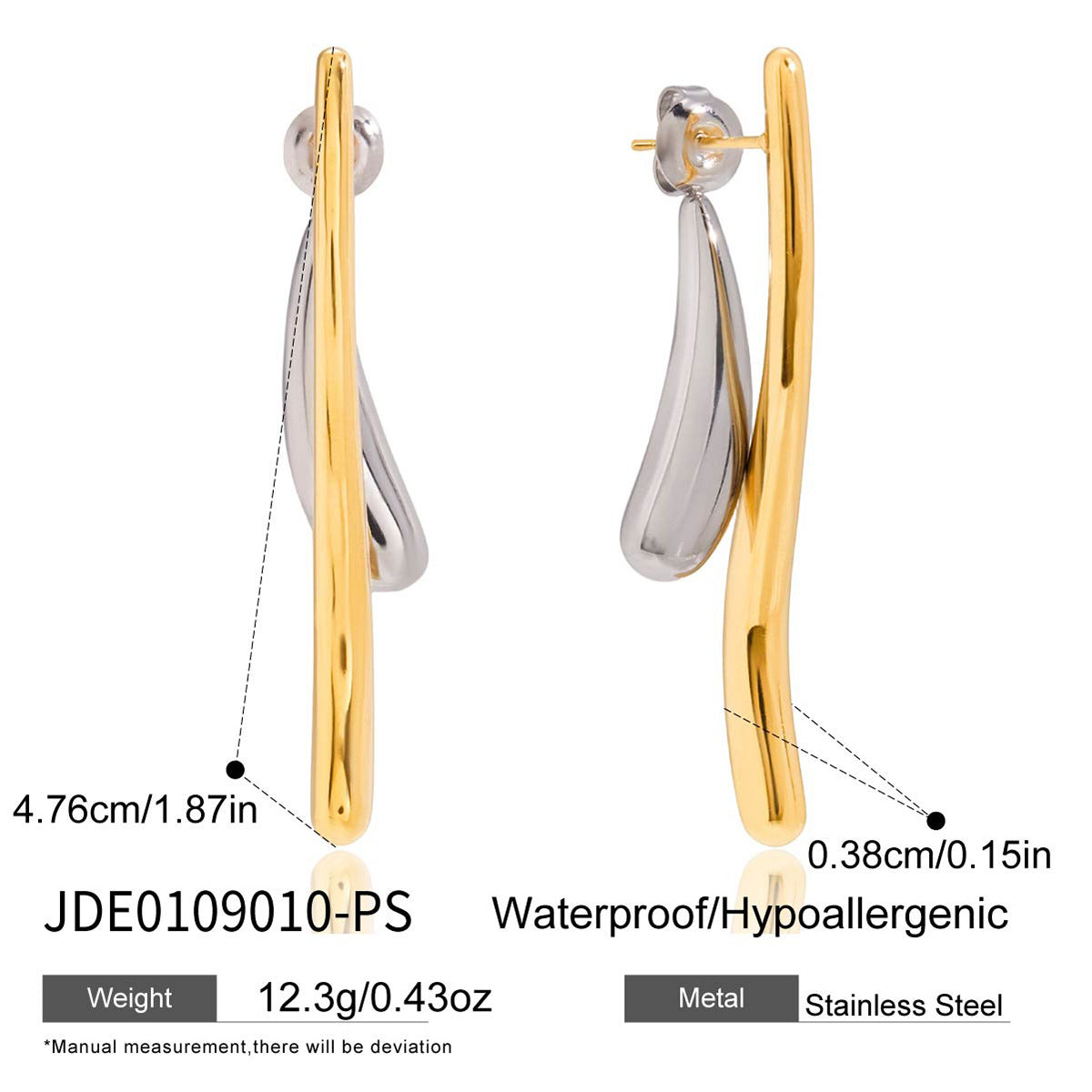 Long two-tone curved drop earrings with post backs