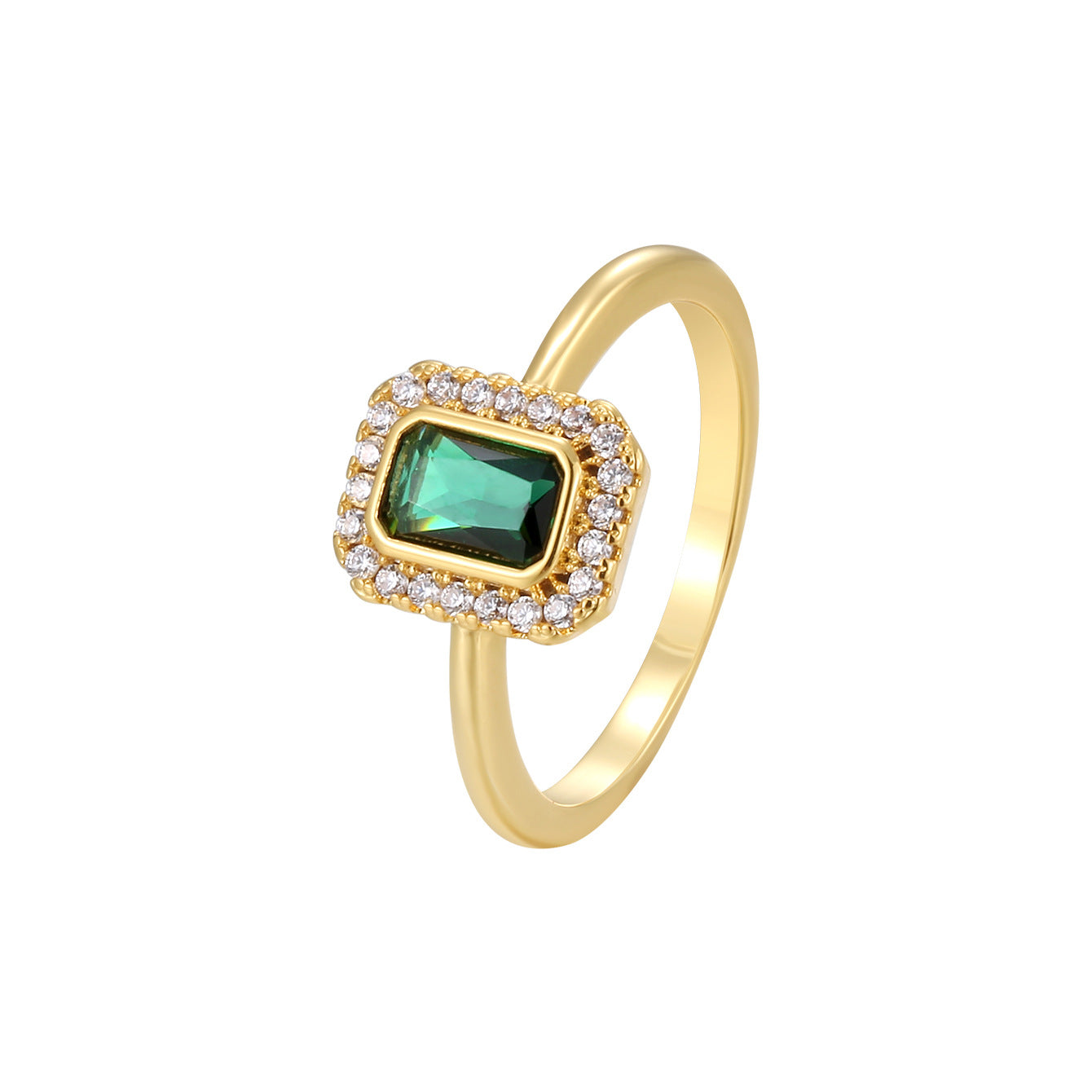 gold plated green zirconia halo ring on a clean white background
