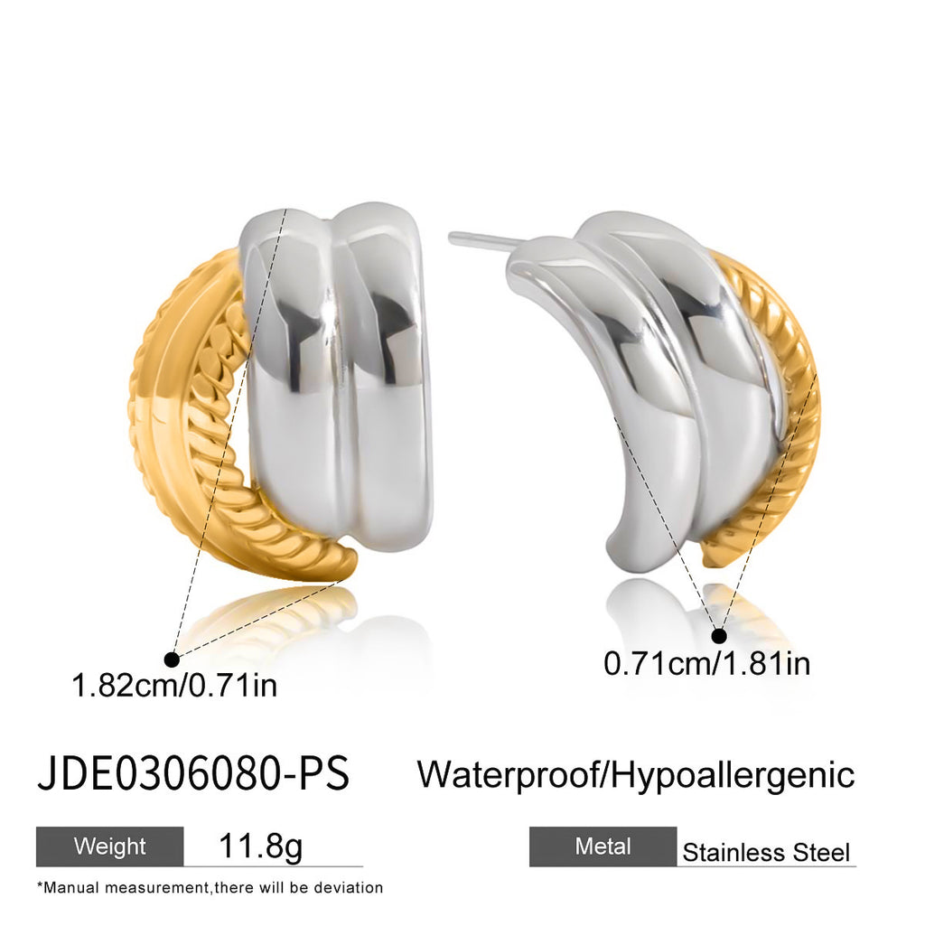Wholesale Two-Tone Stainless Steel Ribbed Huggie Hoop Earrings - finish detail