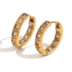 Gold Plated 316L Stainless Steel Square Zirconia Hoop Earrings — square stone rows and side profiles