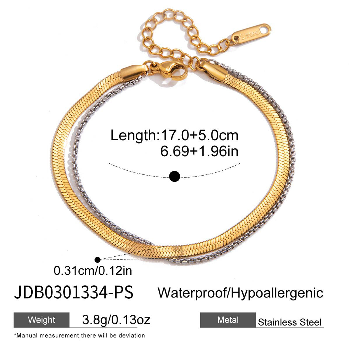 Two-tone flat and fine chain bracelet dimensions