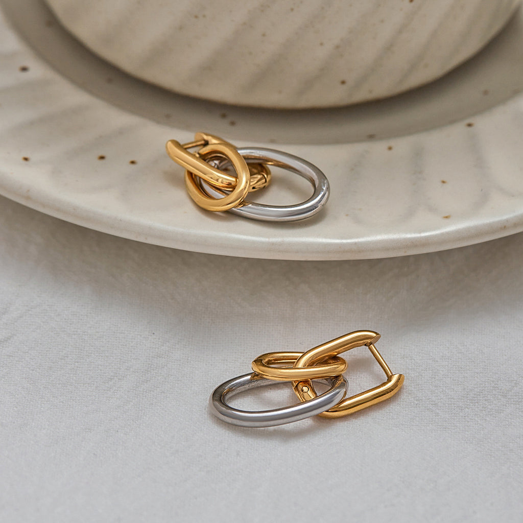 Wholesale Two-Tone Stainless Steel Oval Link Drop Earrings - side profile