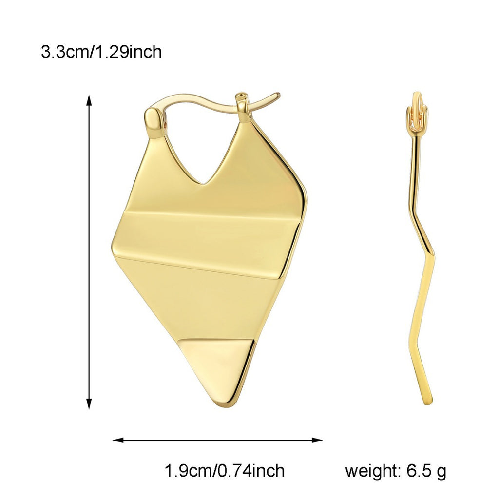 gold plated asymmetrical drop earrings with dimensions and side profile
