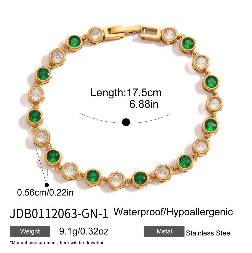 Alternating green and clear round stone bracelet with fastening detail
