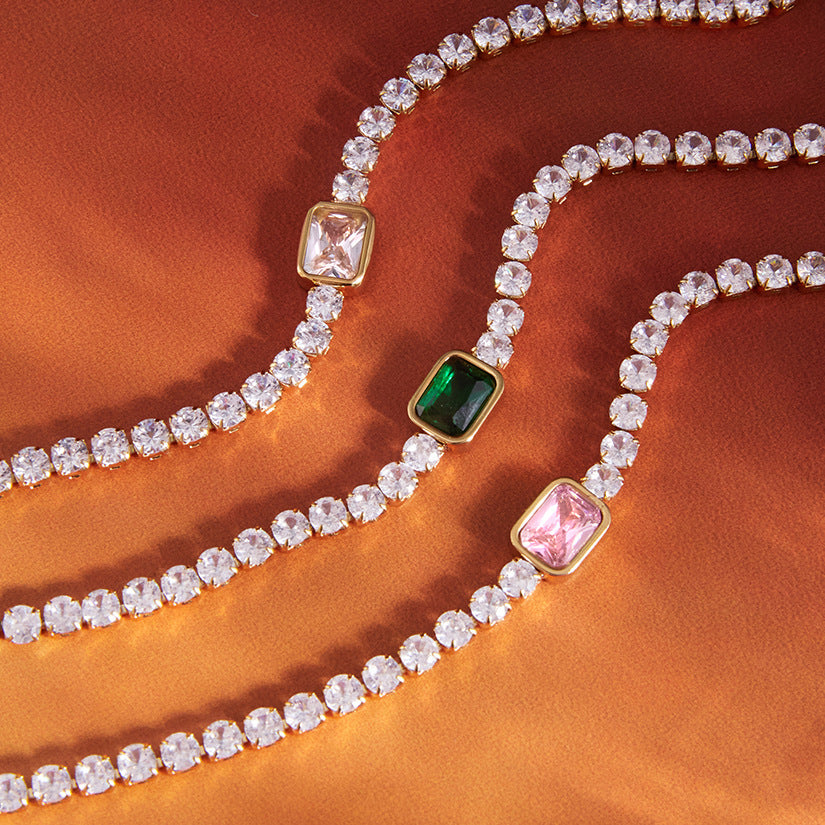 Pink, green and clear centerpiece bracelets close-up
