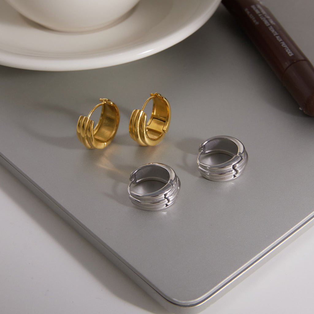 gold plated and silver-finish triple-ridge hoop earring pairs