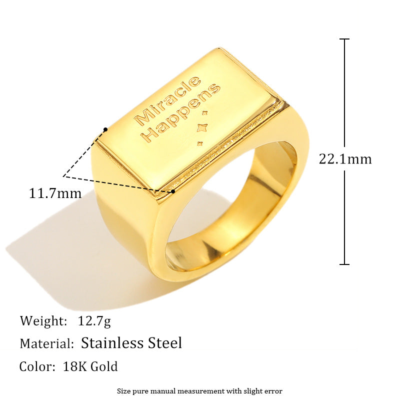 gold plated Miracle Happens signet ring with listed dimensions and weight