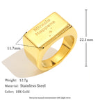 gold plated Miracle Happens signet ring with listed dimensions and weight
