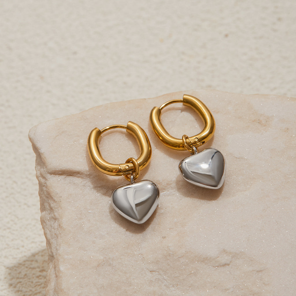 Stainless Steel Heart Earring Collection in Mixed Finishes close-up product view