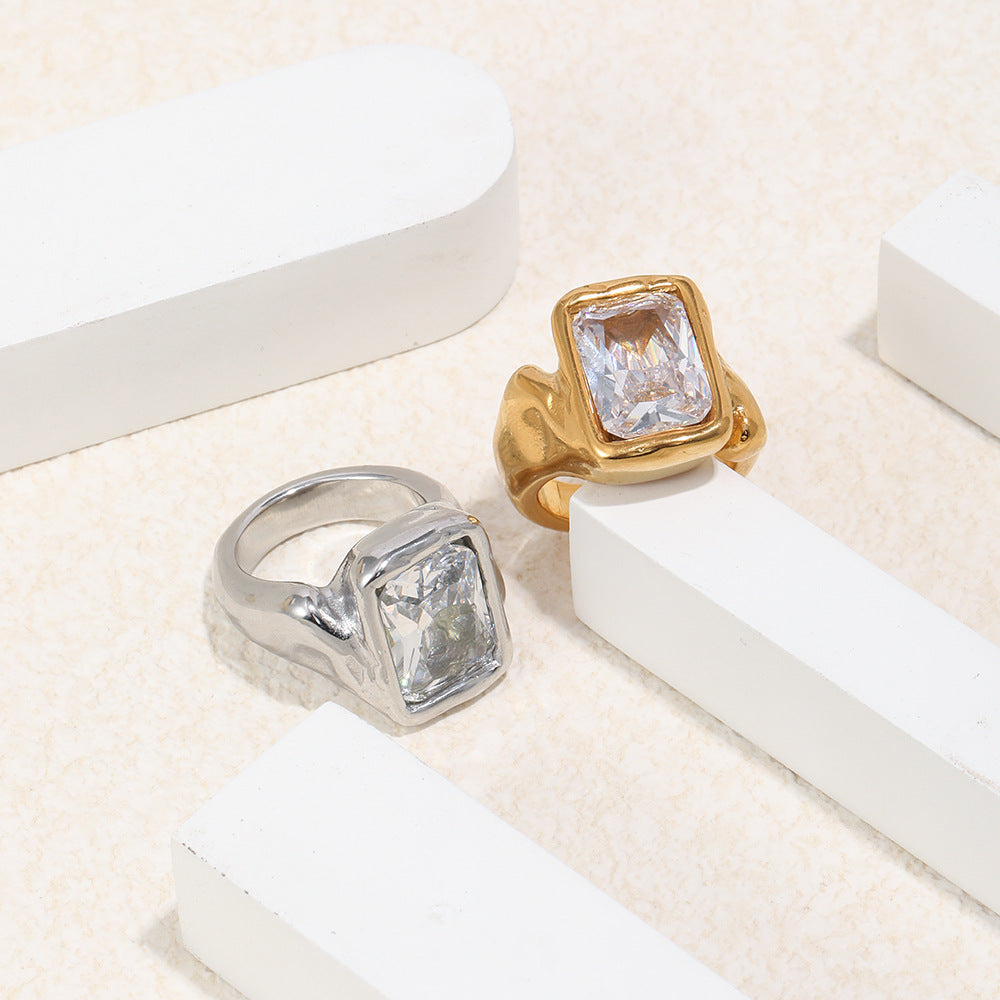 gold plated and silver stainless steel signet rings with rectangular clear stones