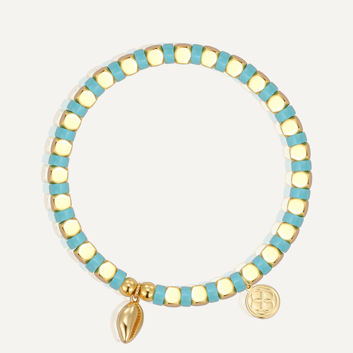 gold plated cowrie bracelet with turquoise-color cube beads