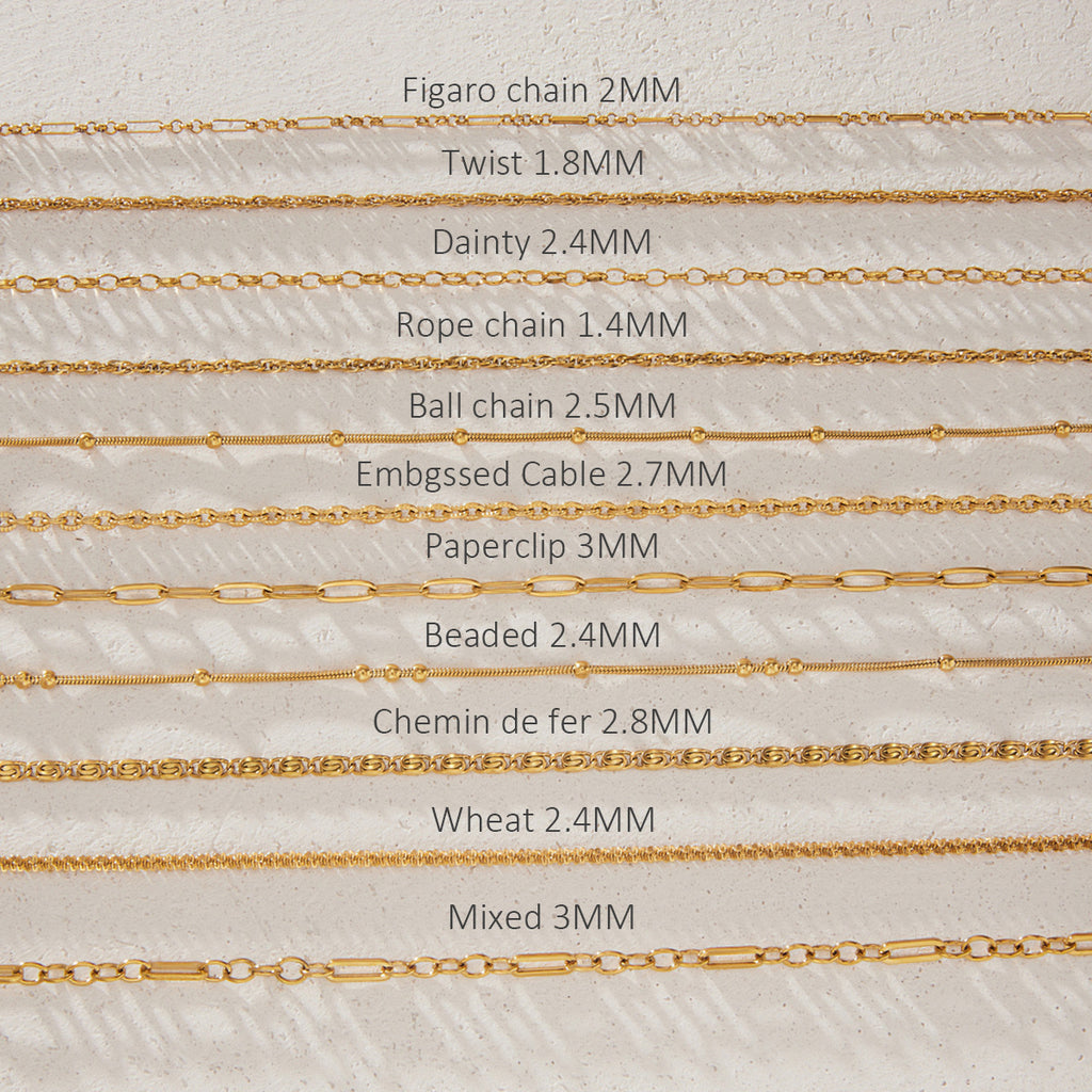 Eleven gold tone chain patterns compared in a labeled chart