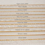 Eleven gold tone chain patterns compared in a labeled chart