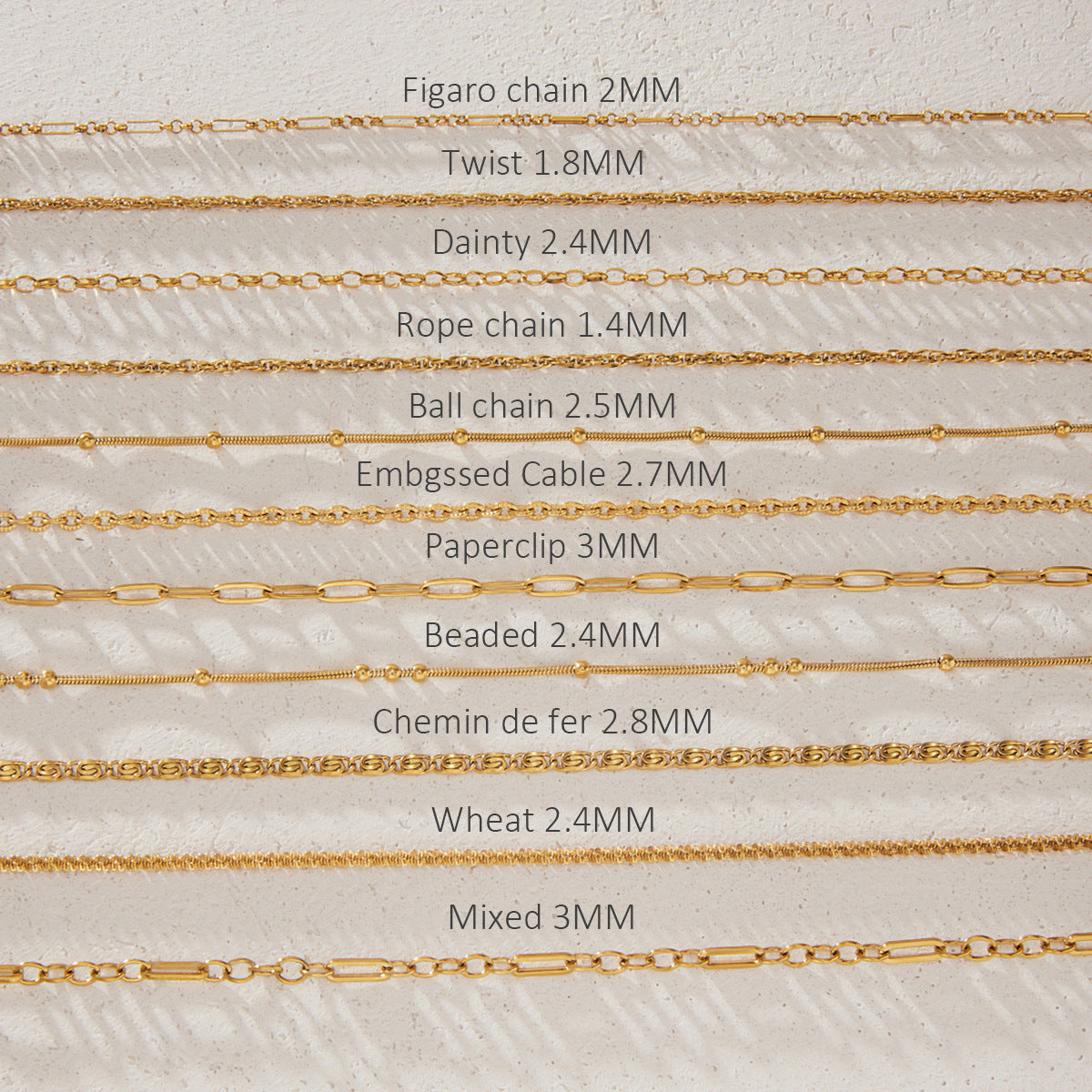 Eleven gold tone chain patterns compared in a labeled chart