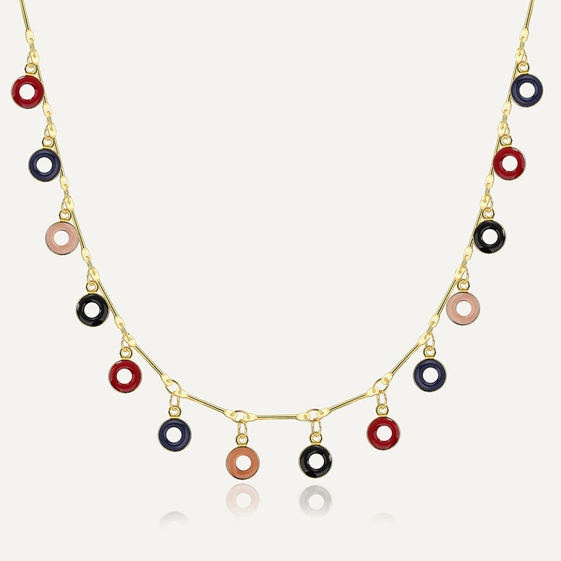 gold plated brass necklace with multicolor resin ring charms