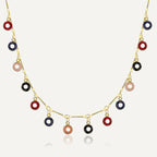 gold plated brass necklace with multicolor resin ring charms
