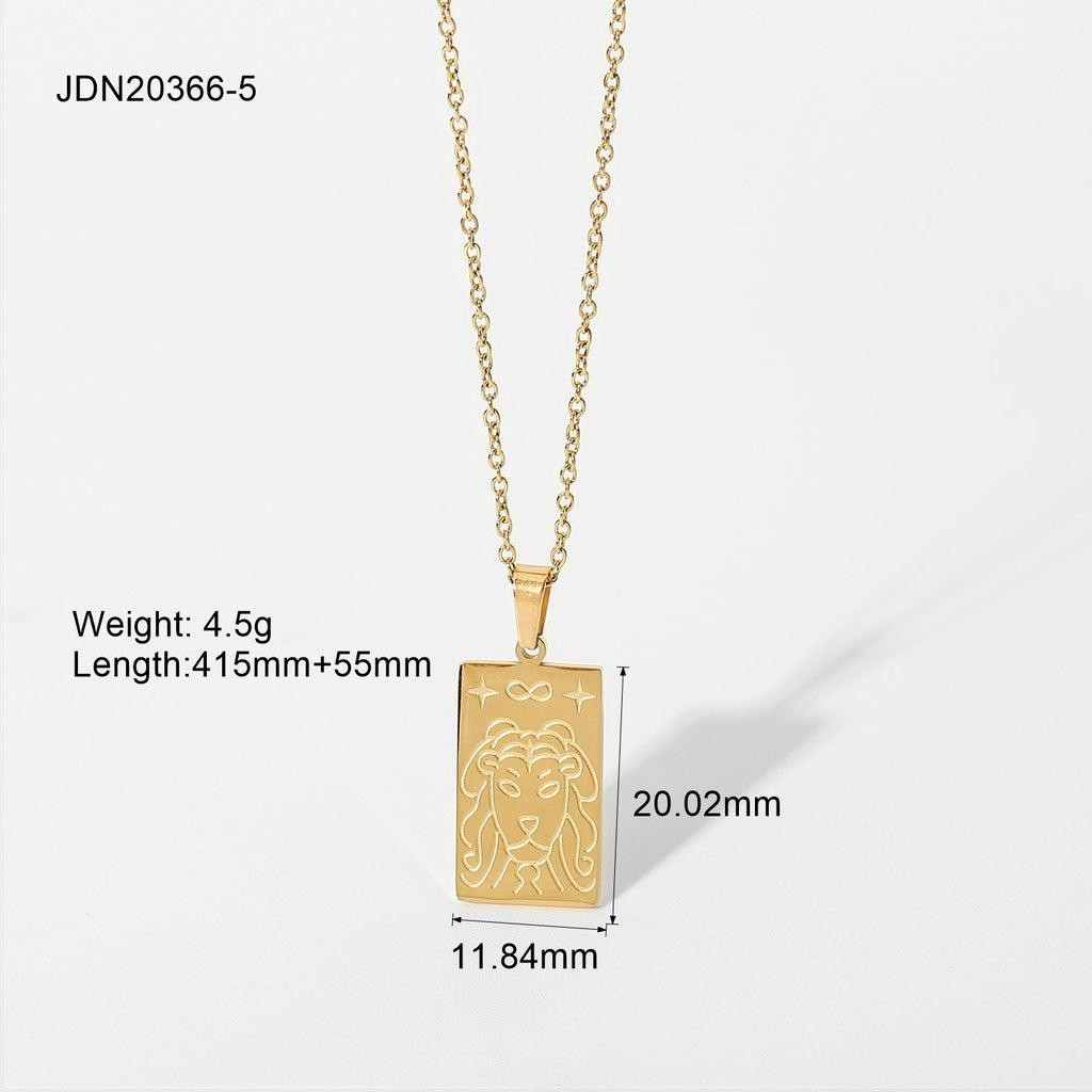 Rectangular line-art face pendant with chain length and size details