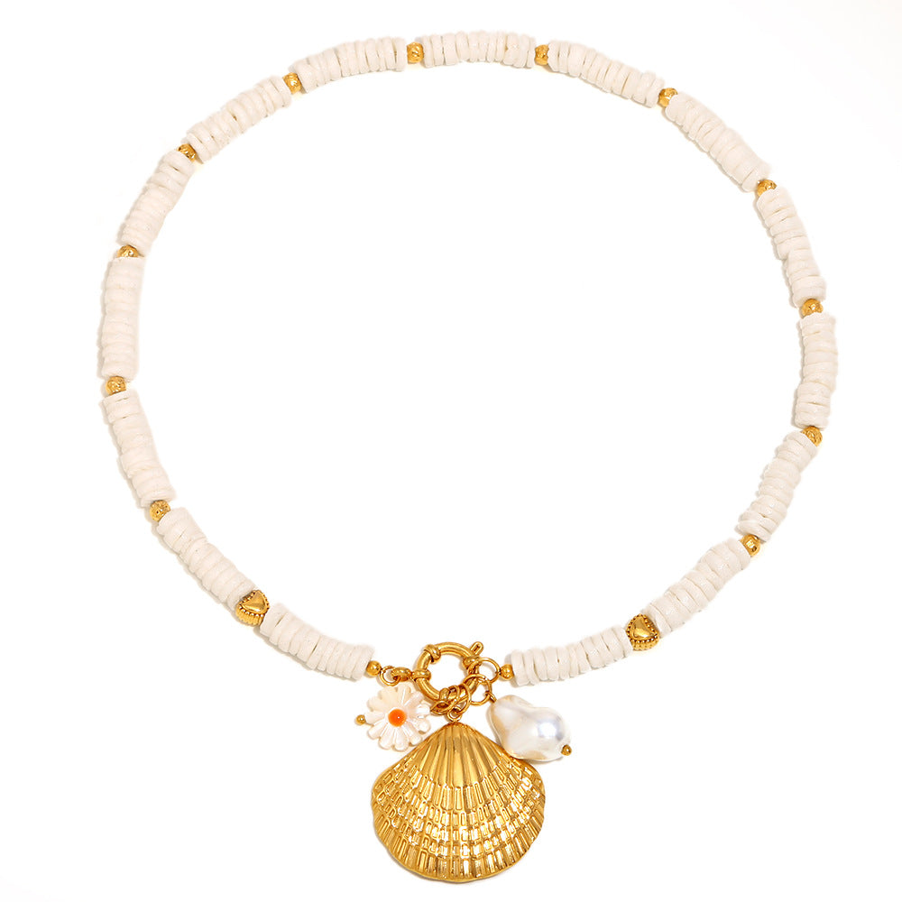 Gold plated shell bead necklace full front view