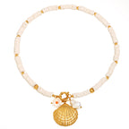 Gold plated shell bead necklace full front view